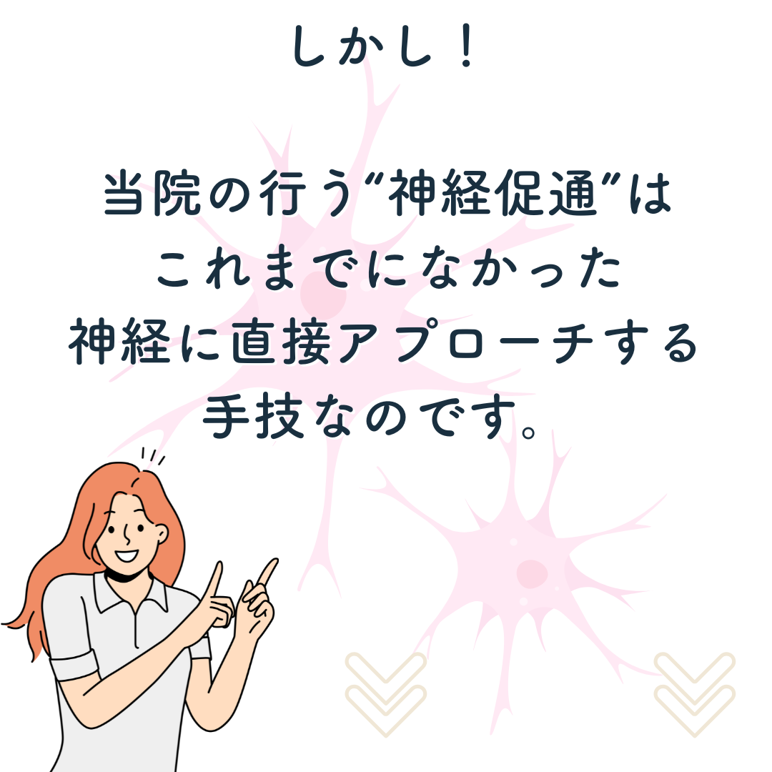 当院が行う神経促通は、これまでなかった神経に直接アプローチする手技！働きの低下した神経を促通させることができます。