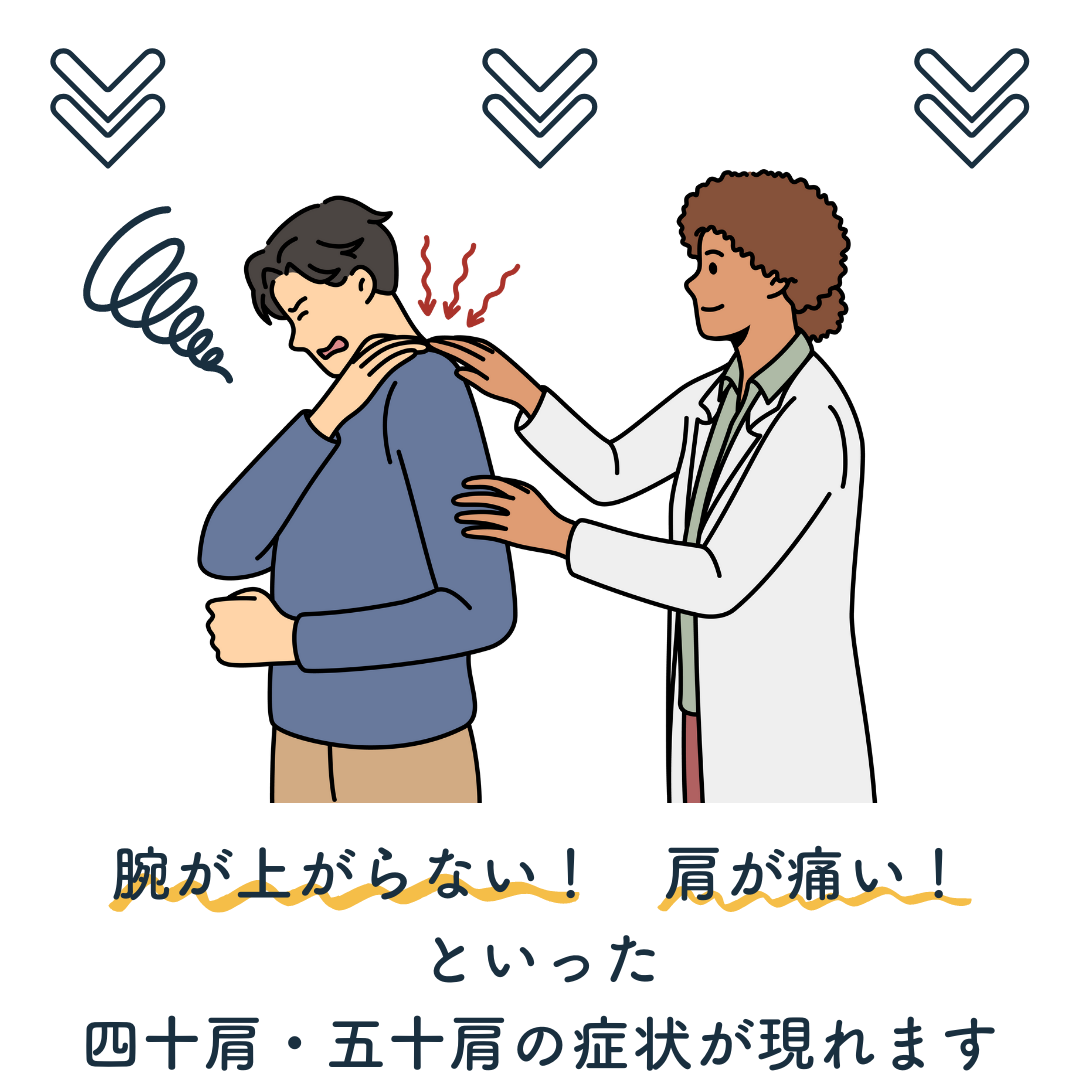 神経の通りが悪くなると、腕が上がらない。肩が痛い。といった四十肩、五十肩の症状が現れます。