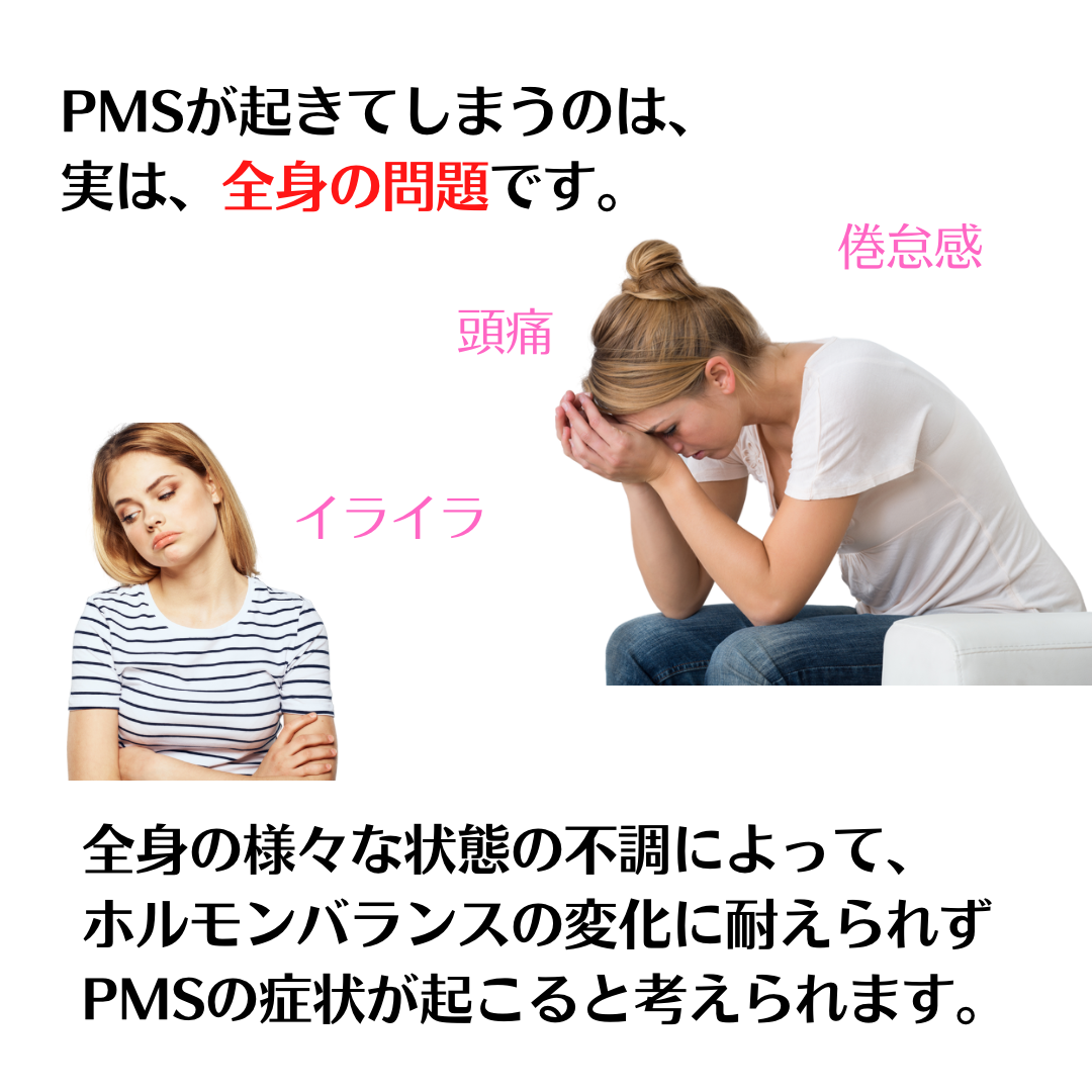 PMSが起きてしまうのは、実は全身の問題です。全身の様々な状態の不調によってホルモンバランスの変化に耐えられずPMSの症状が起こると考えられます。